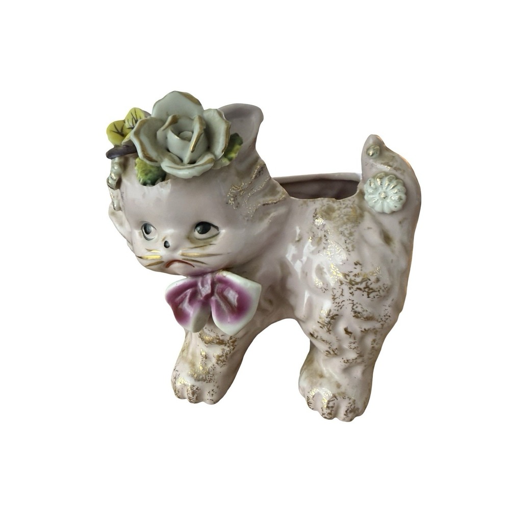 Vintage , Kitschy Grumpy  MCM Lefton Floral CAT Kitty PLANTER Figure Vase